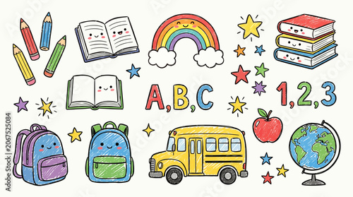 Colorful doodle set featuring cute school supplies like books, pencils, a yellow bus, a rainbow, and academic learning icons