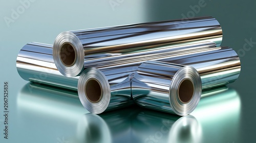 Shiny foil rolls sit on a green surface.
