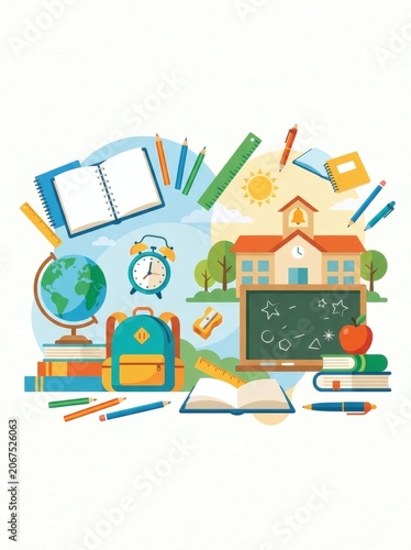 Colorful illustration of school supplies and education.