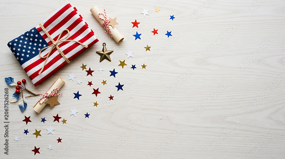 Obraz premium Patriotic wrapped gift and rolled notes on wood texture with patriotic celebration independence background memorial anniversary decoration american unitedstates giftgiving