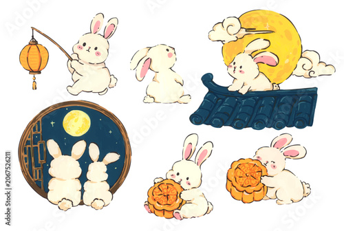 Mid Autumn rabbit illustration set, cute bunny character with mooncake and lantern, Chinese moon festival celebration, traditional oriental culture symbol, whimsical hand drawn greeting card design.