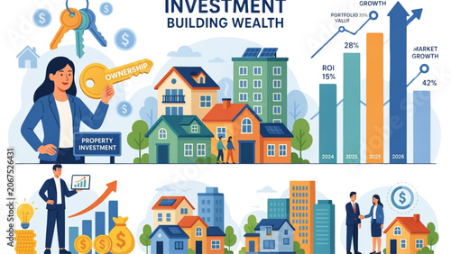 Fotografie Real estate investment and property business concept illustration with houses bu