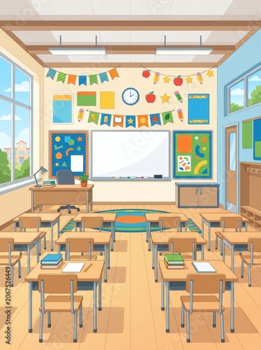 A colorful and well-organized elementary school classroom interior with desks and educational decorations.