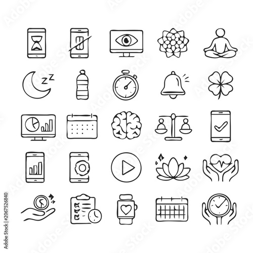 Digital Wellbeing Line Icon Set - Mindfulness, Screen Time, Self Care Vector Icons for Health App