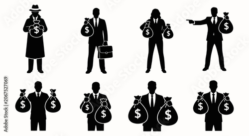 Slika na platnu Business People Silhouettes Holding Money Bags With Dollar Signs Set