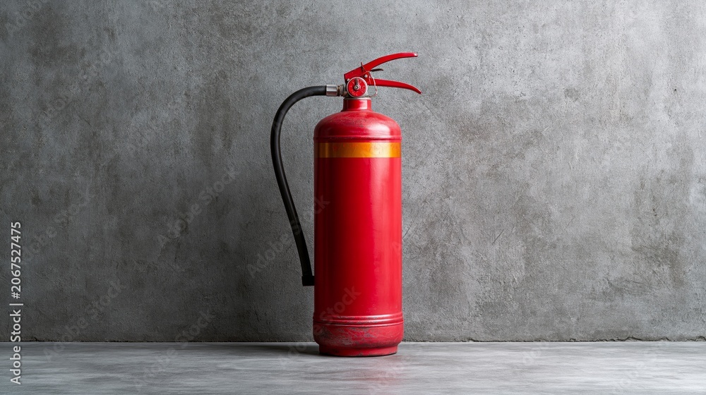 Fototapeta premium Fire extinguisher sits against a grey backdrop.