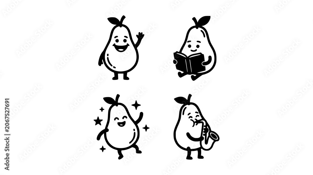 Fototapeta premium Pears with Faces Performing Various Activities in a 2x2 Grid Featuring Pear, Anthropomorphic, Illustration with Cartoon