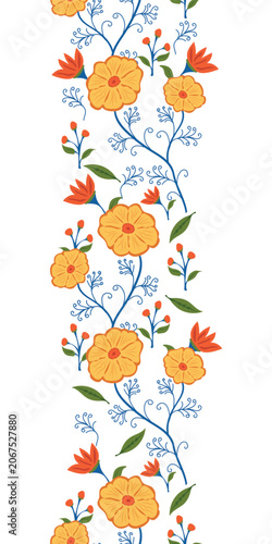 Seamless Floral Border Vector with Orange Yellow Flowers Red Tulip Buds Green Leaves and Blue Vines on White Background for Textile Fabric Wallpaper and Surface Pattern Design