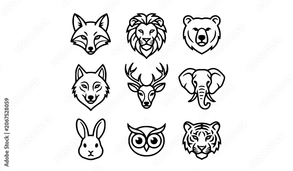 Fototapeta premium Modern Wildlife Animal Face Outline Icons Collection Vector Illustration