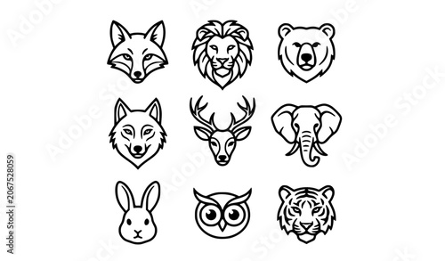 Canvas Print Modern Wildlife Animal Face Outline Icons Collection Vector Illustration