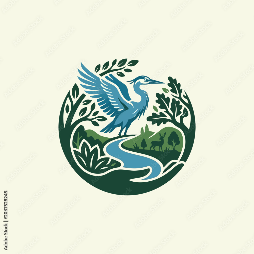 Fototapeta premium Circular emblem featuring a blue heron and a winding river