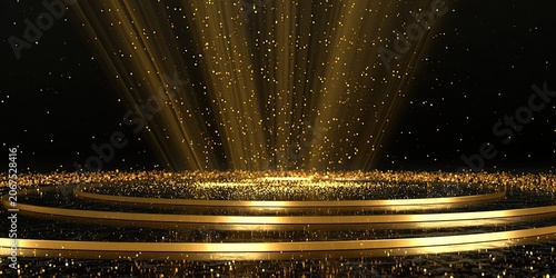 Gilded stage with shimmering golden light beams and falling dust