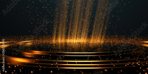 Radiant stage with golden light beams and shimmering particles on dark background