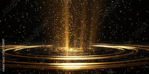 Golden particles cascade onto a dark surface with glowing concentric circles