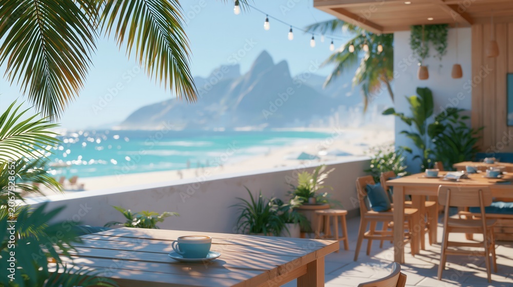 Fototapeta premium Cozy beachside cafe terrace with palm trees and ocean mountain view on a sunny day