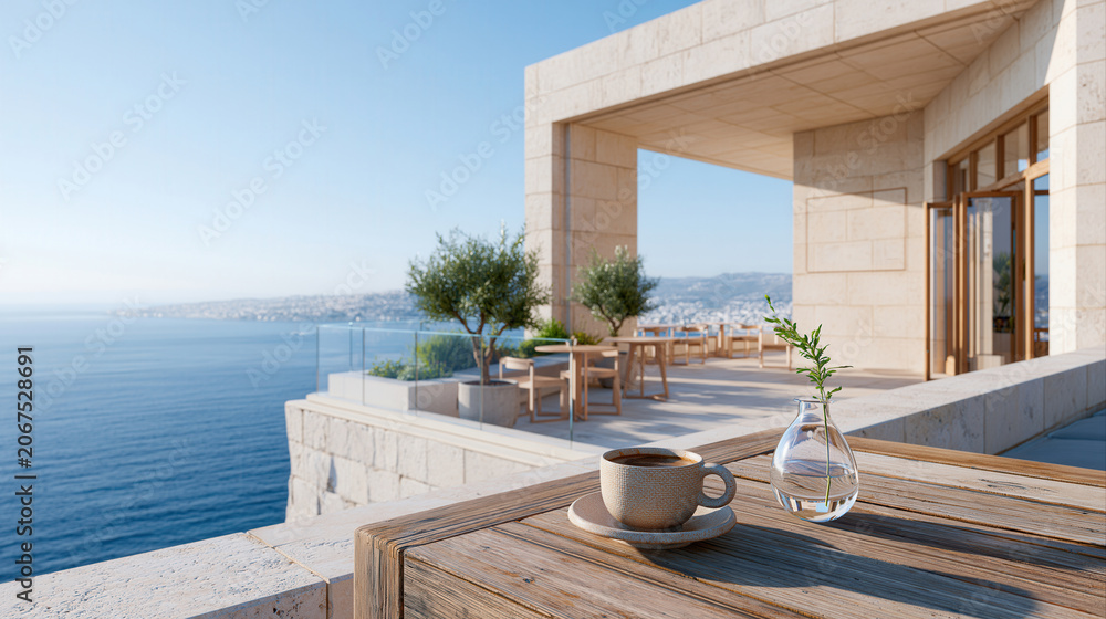 Fototapeta premium Sun-drenched coastal cafe terrace with sea view and coffee cup on wooden table