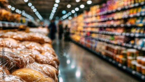 Rows of packaged bread and colorful shelves stocked with food items in a bright store