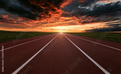 Red track stretching to fiery sunset horizon, dramatic clouds, green fields