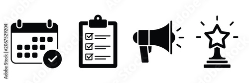 Set of Icons Representing Event Planning Tasks Announcements and Achievements Including Calendar Checklist Megaphone and Trophy.
