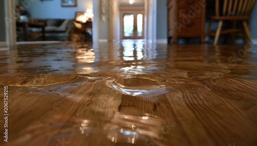 Water pooling and warping a polished wooden floor in a home hallway