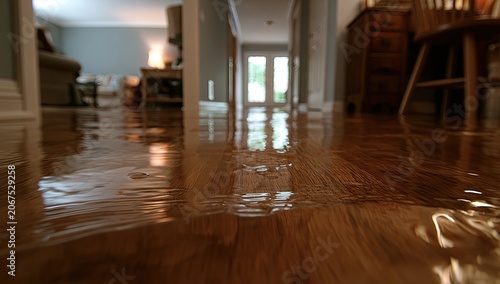 Water pooling on wooden floor in hallway, reflecting light and furniture