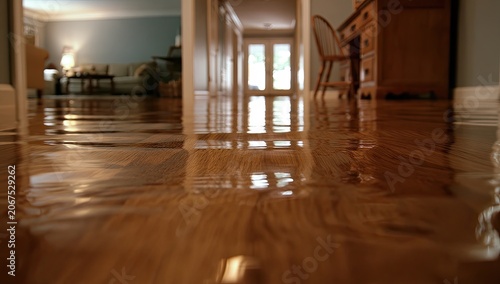 A wide-angle, low perspective shot shows a flooded wooden floor