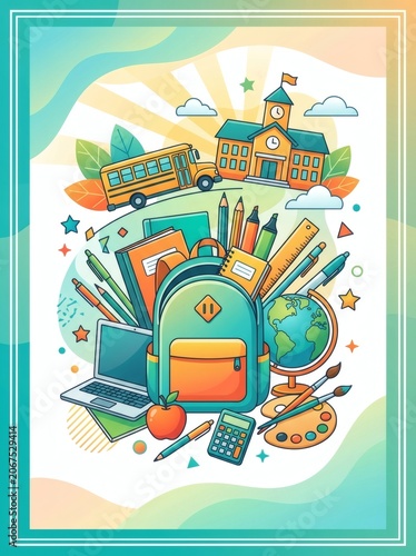 Vibrant illustration of school supplies and education.
