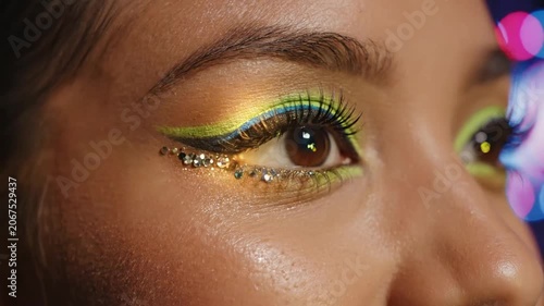 Close up of woman with neon graphic eyeliner and glitter
