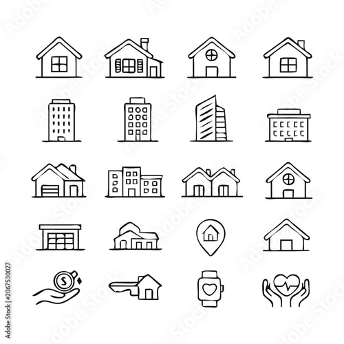 Real Estate Line Icon Set - House, Building, Property Vector Icons for Home and Architecture