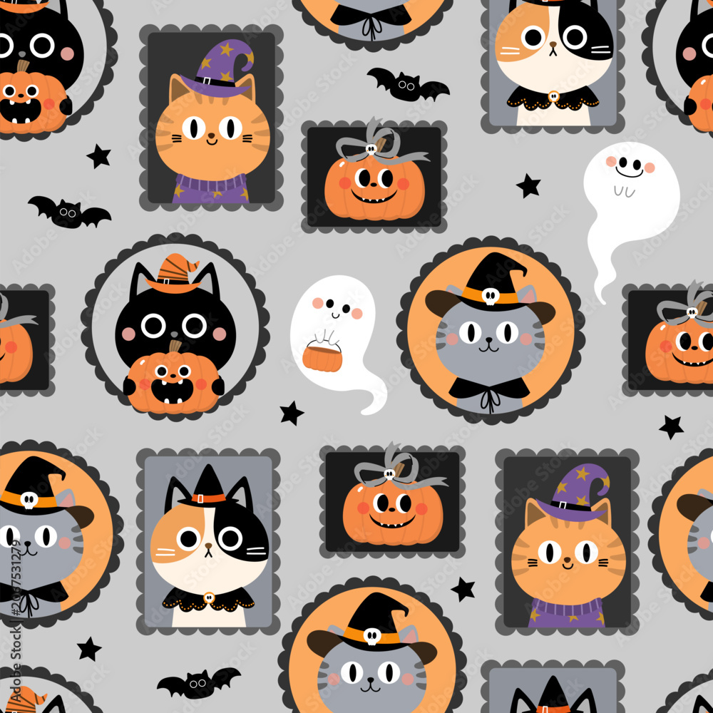 Obraz premium Happy Halloween seamless pattern and backgrpund with cute cat in ghost costume and spooky pumpkin. Animal holidays cartoon character. -Vector.