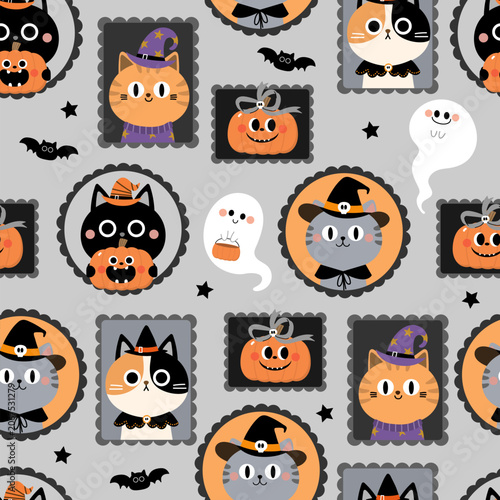 Happy Halloween seamless pattern and backgrpund with cute cat in ghost costume and spooky pumpkin. Animal holidays cartoon character. -Vector.