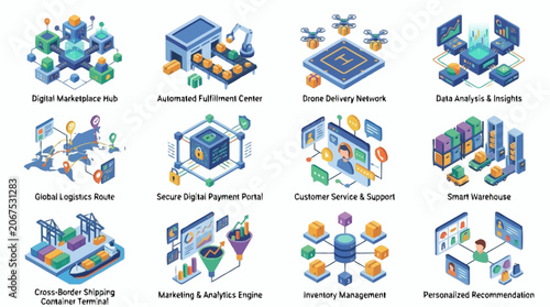 Bild auf Leinwand Collection of Isometric Icons Representing Modern Logistics and Business Solutions
