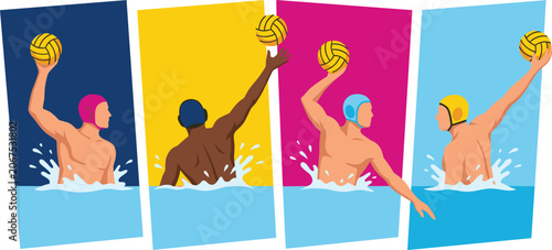 Obraz na płótnie Water Polo Player Vector Set with Professional Athletes throwing Ball in Pool fo