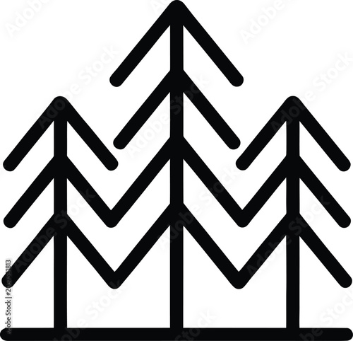 Minimalist black outline of three stylized pine trees in a row, featuring geometric branches on a white background