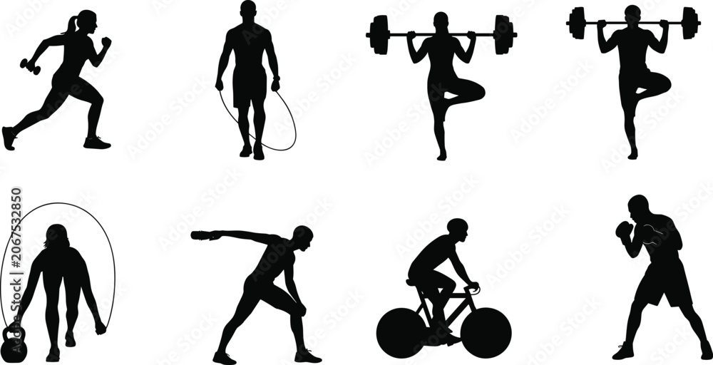 Fototapeta premium Collection of black fitness silhouettes featuring men and women performing gym workouts and diverse sports training exercises