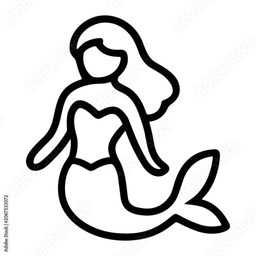 Black outline line-art mermaid icon with flowing hair, female humanoid fish-tail silhouette, whimsical aquatic fantasy illustration suitable for logos, stickers, coloring pages