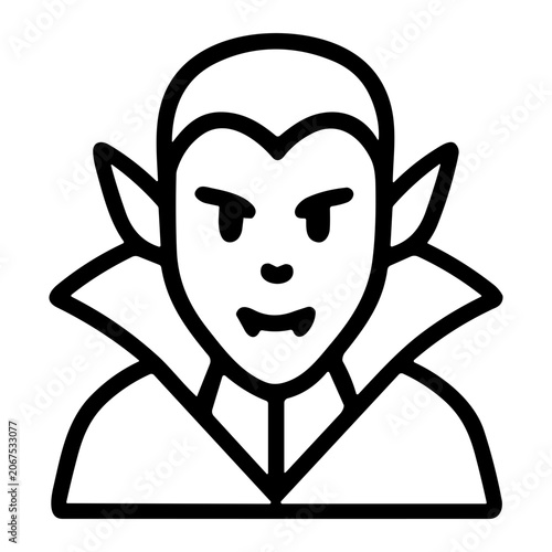 Minimalist black line icon of a classic vampire portrait with pointed ears, widow's peak hairline, visible fangs, arched high collar and cloak, simple vector outline.