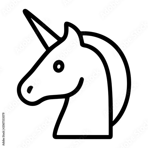 Minimalist black-and-white line-art illustration of a unicorn head in profile with a single horn and flowing mane, simple outlined icon suitable for logo, sticker, or app