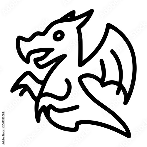 Black and white line art of a stylized cartoon dragon with wings in a bold outline, simple hand-drawn mascot or emblem design suitable for illustration, logo, or tattoo.