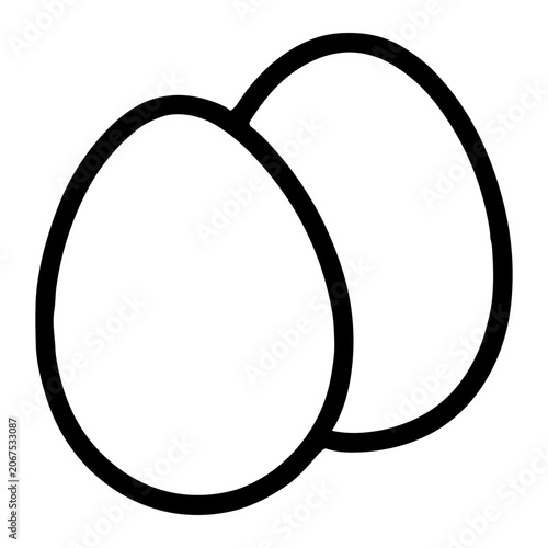 Minimal black-and-white line illustration of two overlapping eggs with bold outlines, simple oval shapes forming a pair, ideal for icons, coloring pages, labels, and food design