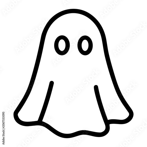 Minimalist black-outlined cartoon ghost illustration on white background showing a classic sheet-like specter with round eyes, playful Halloween icon and friendly spooky character design