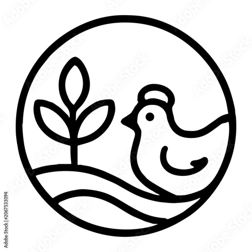 Minimalist circular emblem of a hen beside a young plant on rolling hills, bold line-art illustration evoking farm life, agriculture, nature and poultry