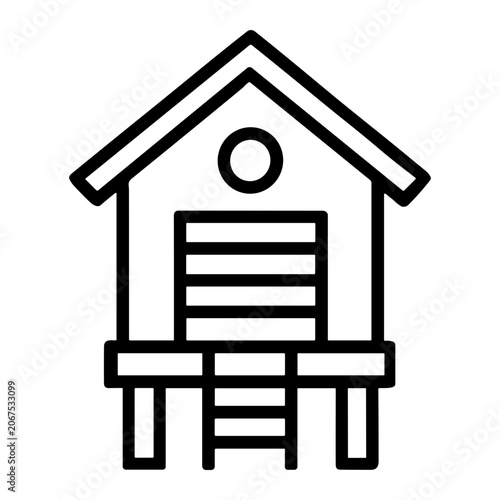 Black outline illustration of an elevated stilt beach hut or coastal cabin with pitched roof, circular window, slatted door, front ladder and raised platform on posts