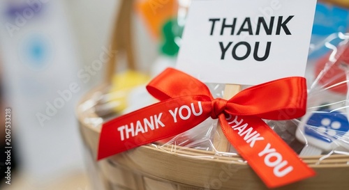 A woven gift basket with a bright red ribbon tied around it, displaying a prominent 'Thank You' message on a card and ribbon.
