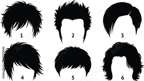 Billede på lærred Men Haircut Silhouette Vector Icon Set with Shaggy, Spiky, Emo, and Curly Hairst