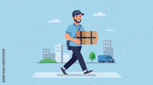 Delivery man walking with cardboard box.