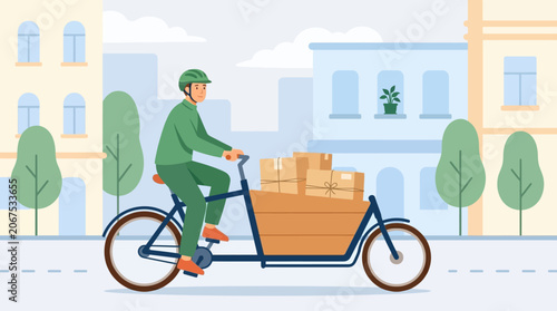 Delivery person riding bicycle with packages.