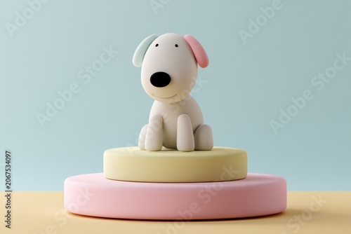 Cute White Canine Character on Pastel Platforms with Muted Blue Backdrop