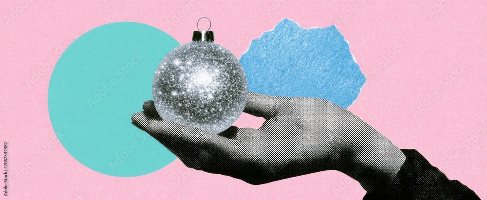 Fototapeta premium 2026 New Year celebration banner design. Halftone hand holding sparkling silver ornament and torn textured blue numbers on a pastel grainy background. Contemporary vintage style artwork.