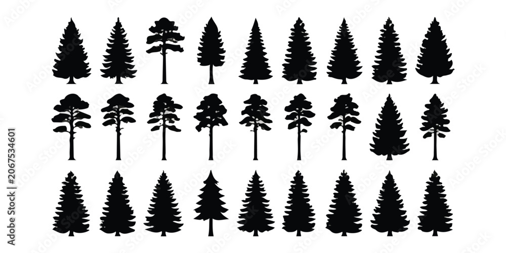 Fototapeta premium Set of black pine and fir tree silhouettes for forest and nature design projects